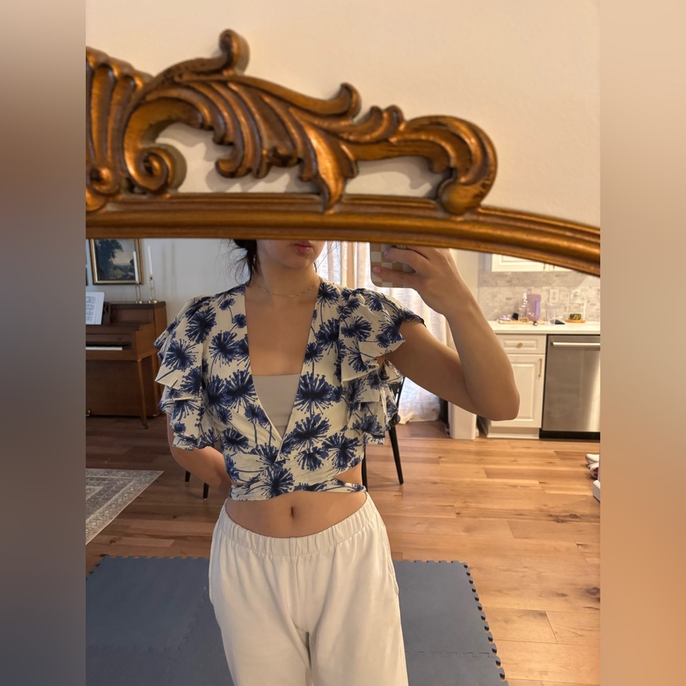 Zara Italy Blue and White Floral Wrap Top